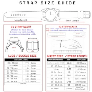 Pode incluir: Uma infografia a preto e branco intitulada STRAP SIZE GUIDE. Apresenta um diagrama de rel&oacute;gio, instru&ccedil;&otilde;es para medir a largura das asas e a circunfer&ecirc;ncia do pulso, e duas tabelas que detalham os tamanhos das asas/fivelas.