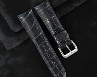 Horlogebandje van zwart alligatorleer, aanpasbare bandmaten: 24 mm, 23 mm, 22 mm, 21 mm, 20 mm, 19 mm, 18 mm