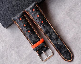 Black Epsom Rally Watch Strap, Racing Style Leather Band with Orange Stitching 18mm 19mm 20mm 21mm 22mm 24mm, Handmade Custom Gift for Him