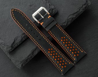 Epsom Leather Watch Strap Black Orange Rally Racing Handmade Personalized Watch Band, All Sizes 18mm 19mm 20mm 21mm 22mm 23mm 24mm