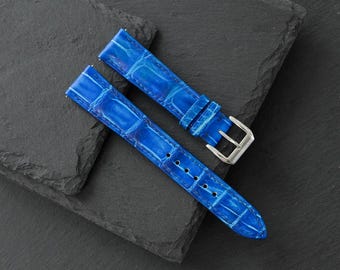 Luxe horlogebandje van blauw gepatineerd alligatorleer, handgestikt, op maat gemaakt voor heren, vervangend model 18 mm 19 mm 20 mm 21 mm 22 mm 23 mm 24 mm