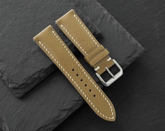 Taupe Epsom Leather Watch Strap – Custom Handmade Slim Band, Sizes 24mm 22mm 21mm 20mm 19mm 18mm 16mm, Personalized Back Engraving