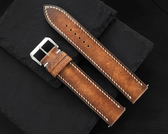 Pulseira de relógio em couro curtido vegetal com pátina de café vintage, costurada à mão, personalizada para relógios de 20 mm, 22 mm e 24 mm, pulseira rústica masculina de reposição, presente.
