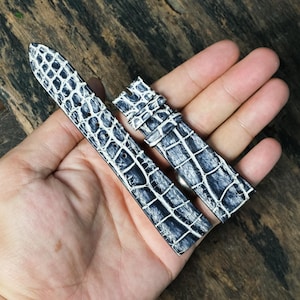 Vintage Black White Alligator Leather Watch Strap, Minimalist Handmade Custom Watch Band, Personalized Strap, Sizes 14mm–26mm