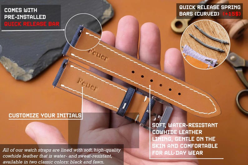 Pode incluir: Uma bracelete de rel&oacute;gio de duas pe&ccedil;as com exterior azul escuro e forro de couro castanho claro. A bracelete inclui costuras brancas em contraste, uma fivela de metal prateado e a palavra Feuer gravada na superf&iacute;cie interior. Est&aacute; equipada com barras de mola de liberta&ccedil;&atilde;o r&aacute;pida.