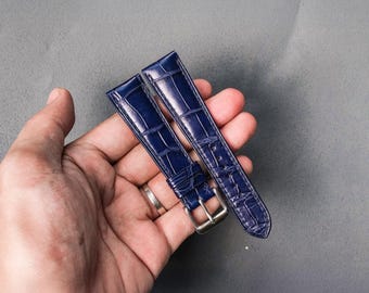 Correa de reloj de piel de cocodrilo azul marino personalizada, correa de repuesto personalizada en todos los tamaños: 19 mm, 20 mm, 22 mm y 24 mm.