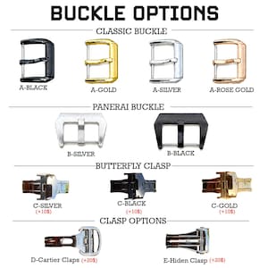 Op de afbeelding: Een overzicht van horlogeonderdelen met het label BUCKLE OPTIONS. De afbeelding toont vier klassieke gespen in zwart, goud, zilver en ros&eacute;goud, twee Panerai-gespen in zilver en zwart, drie vlindersluitingen in zilver, zwart en goud, en twee sluitingen.