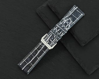 Vintage zwart-wit alligatorleren horlogebandje, minimalistische handgemaakte aangepaste horlogeband, gepersonaliseerde band, maten 14–26 mm