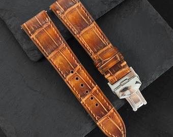 Bracelet de montre vintage en cuir d'alligator bronzage anglais, bracelet de rechange en cuir véritable, goupilles à dégagement rapide, s'adapte à toutes les tailles de montre