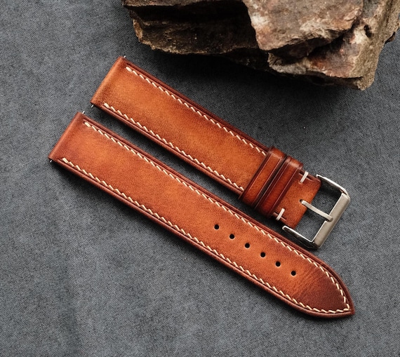 Vintage Patina Tan Brown Leather Watch Strap, Handmade Cowhide Watch Band, Custom Size 14–24mm, Personalized Name, Handmade Leather Strap