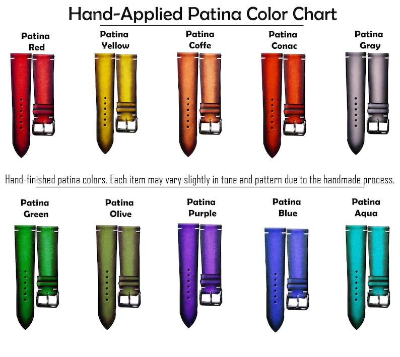 Pode incluir: Uma tabela de cores de p&aacute;tina aplicada &agrave; m&atilde;o exibindo dez pares de pulseiras de rel&oacute;gio em vermelho, amarelo, caf&eacute;, conhaque, cinza, verde, oliva, roxo, azul e &aacute;gua. Cada pulseira tem uma fivela prateada e costura branca. Texto: Hand-Applied Patina Color Chart.