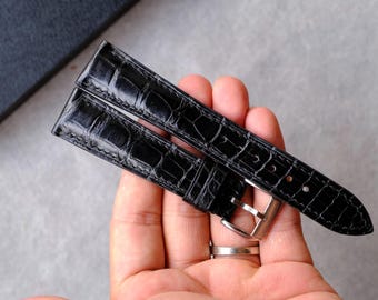 Black Alligator Leather Watch Strap, Customizable Strap Sizes, 24mm, 23mm, 22mm, 21mm, 20mm, 19mm, 18mm