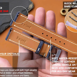 May include: A two-piece watch strap featuring a dark blue exterior and a tan leather lining. The strap includes white contrast stitching, a silver-toned metal buckle, and the brand name Feuer embossed on the interior. Pre-installed quick release bars.