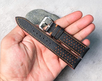 Correa de reloj de cuero Epsom negra y naranja, hecha a mano, personalizable y a medida. Todos los tamaños: 18 mm, 19 mm, 20 mm, 21 mm, 22 mm, 23 mm y 24 mm.
