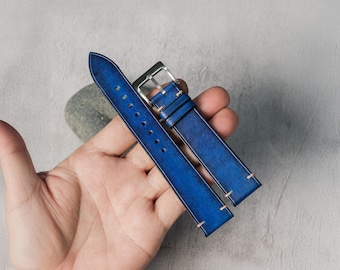 Navy Blue Patina Veg-Tan Leather Watch Strap Handmade Personalized Custom Watch Band, All Sizes 18mm 19mm 20mm 21mm 22mm 23mm 24mm
