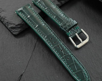 Handmade Green Alligator Watch Band, Custom Leather Watch Strap Replacement, Luxury Men's Gift, 18mm 19mm 20mm 21mm 22mm 24mm Lug Width