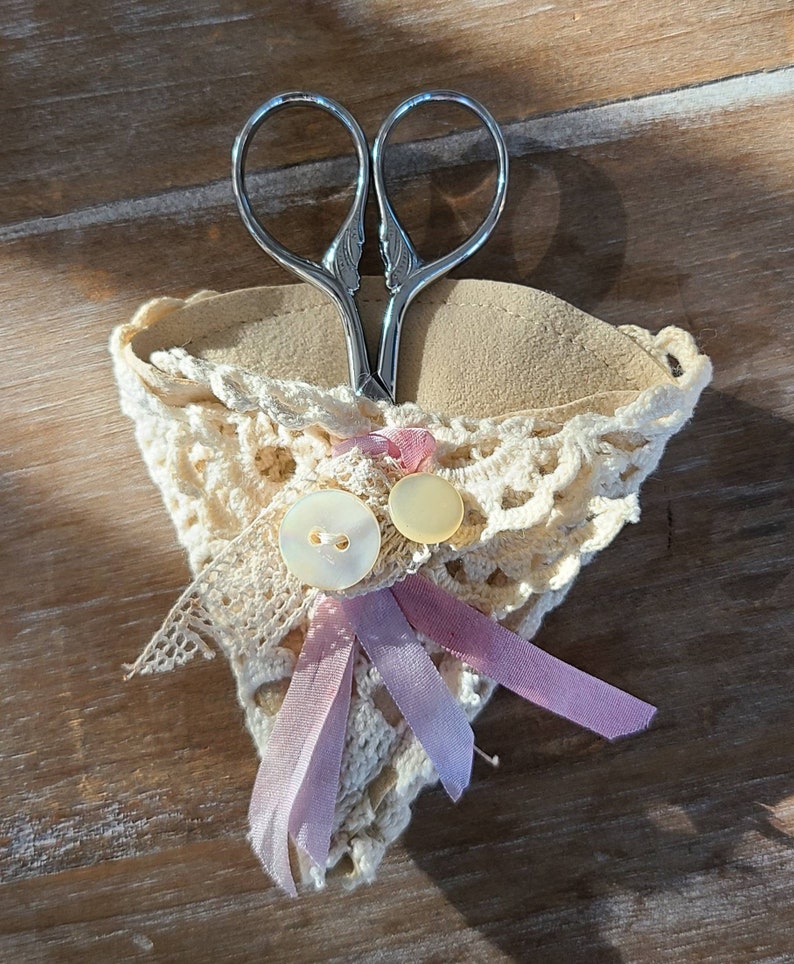 Vintage laces and linens scissor keeper envelope artisan crafted ecru suede and pink silk ribbon
