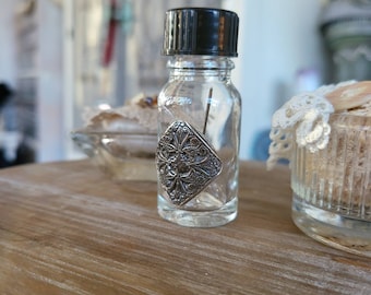 reclaimed fine silver charm on glass needle bottle, diamond of lace effect