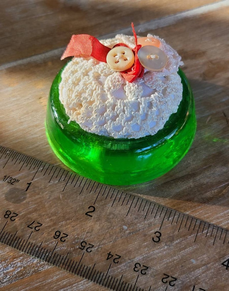 Vintage laces and linens pin keeper artisan crafted vintage vessel Ribbon lace and buttons in green caster