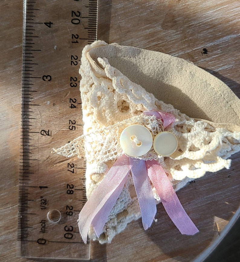 Vintage laces and linens scissor keeper envelope artisan crafted ecru suede and pink silk ribbon