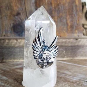 Quartz crystal point decorated, fine silver moon charm image 3