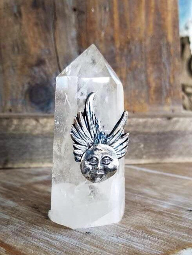 Quartz crystal point decorated, fine silver moon charm image 3