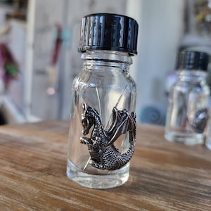 reclaimed fine silver charm on glass needle bottle, adorable dragon to guard your needles