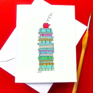 Rustic Stacked Books Greeting Card | Hand-Painted Cozy Holiday Card | Whimsical Book Lover Christmas Illustration