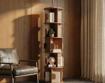 Mid Century Modern Walnut Drehbücherregal, Massivholz 360 Rotierender Vitrine, Luxuriöse Home-Office-Aufbewahrung, Exekutivbibliotheksturm