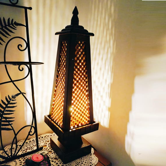 Vintage Wooden Desk Lamp, Asian Style Bedside Lamp, Thai Japanese Lamp Zen Bedside Lamp, Living Room Decoration