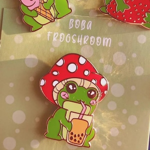Frog Mushroom pins, hard enamel, strawberry boba and ice cream pins