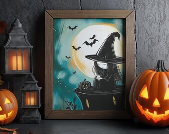 Bruja linda y espeluznante, Halloween, decoración de pared para niños, carteles lindos, preescolar, arte de pared para guardería, imprimible