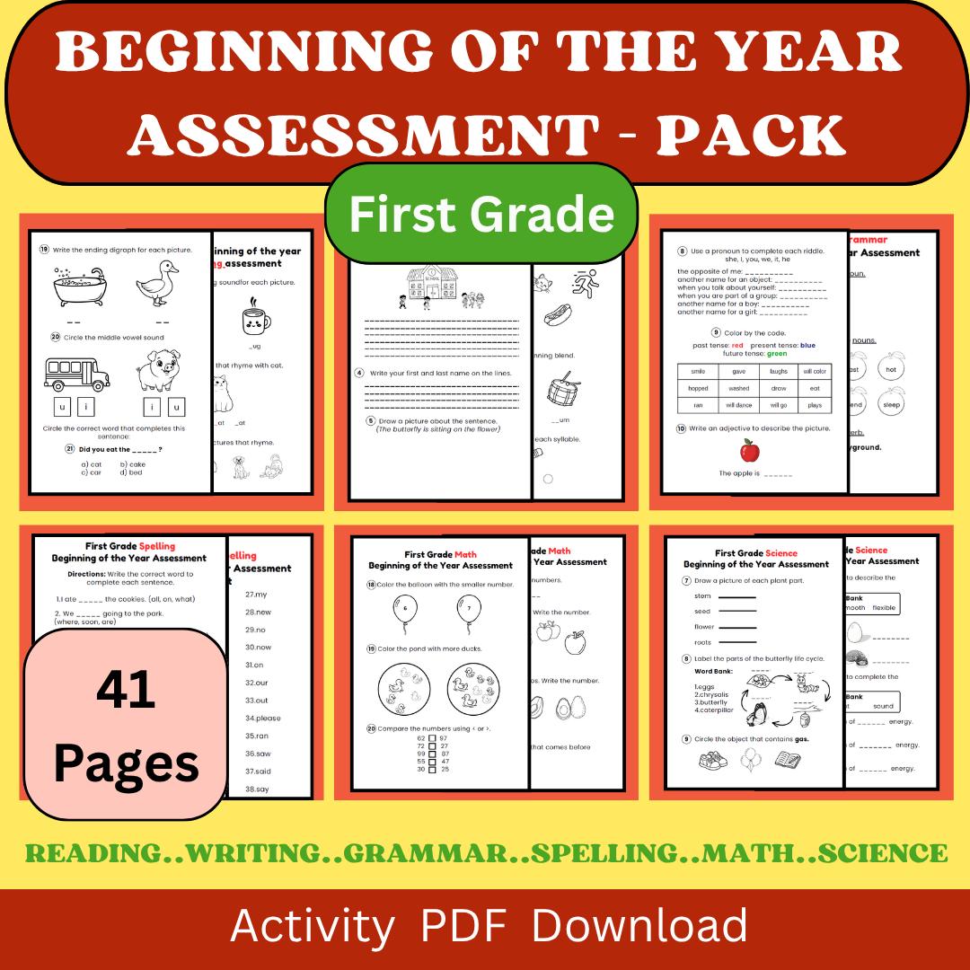 Beginning of the Year Assessment Pack First Grade, Reading Writing Math Grammar Science