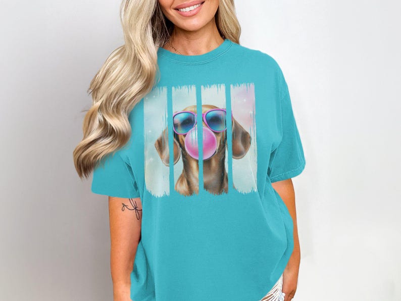 Funny Dachshund Weenie Dog Shirt, Comfort Colors® Doxie Dog Blowing Bubblegum T-Shirt, Weenie Mom TShirt, Cute Doxie Crewneck Dog Mom Gift Lagoon Blue