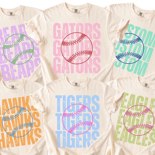 Camiseta personalizada con mascota, camiseta de equipo de béisbol Comfort Colors, camiseta de béisbol de manga larga con nombre de la escuela, camiseta de espíritu para adultos, jóvenes, bebés y niños pequeños.