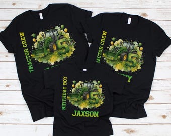 Custom Tractor Birthday Shirt, Personalized Family Matching Birthday Party Shirts, Custom Boys Green Yellow Tractor Farm BDay Tee