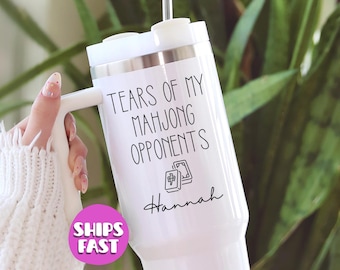 Funny Mahjong Tumbler with Handle, Personalized 40oz Travel Cup for Mahjong Player, Custom 40 oz Tumbler with Name for Mahjongg Lover