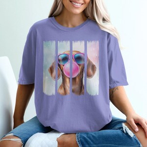 Funny Dachshund Weenie Dog Shirt, Comfort Colors® Doxie Dog Blowing Bubblegum T-Shirt, Weenie Mom TShirt, Cute Doxie Crewneck Dog Mom Gift Violet