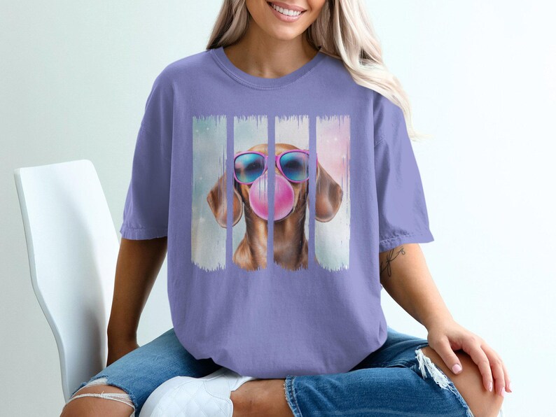 Funny Dachshund Weenie Dog Shirt, Comfort Colors® Doxie Dog Blowing Bubblegum T-Shirt, Weenie Mom TShirt, Cute Doxie Crewneck Dog Mom Gift Violet