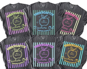 Kindergarten Teacher Shirt, Kindy Team Comfort Colors TShirt, Preppy Striped Personalized Teacher's Name Long Sleeve Tee Back to School Gift