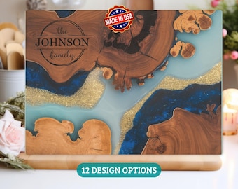 Personalized Glass Cutting Board, Epoxy River Resin Charcuterie Board, Custom Olive Wood Chopping Board, Realtor Kitchen Decor Closing Gifts