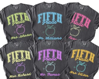Fifth Grade Teacher Shirt, 5th Grade Team Comfort Colors TShirt, Personalized Teacher's Name Long Sleeve Tee Back to School Gift