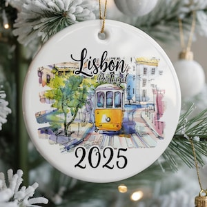 Custom Lisbon Ornament, Portugal Watercolor, Lisbon Portugal Travel Souvenir Christmas Tree Decor, Holiday Gift, Personalized Ornament