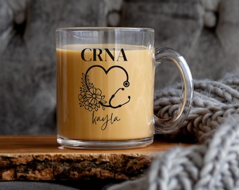 Personalized CRNA Mug, Custom Certified Registered Nurse Anesthetist Glass Mug with Name, Floral Stethoscope CRNA Appreciation Gift for Her
