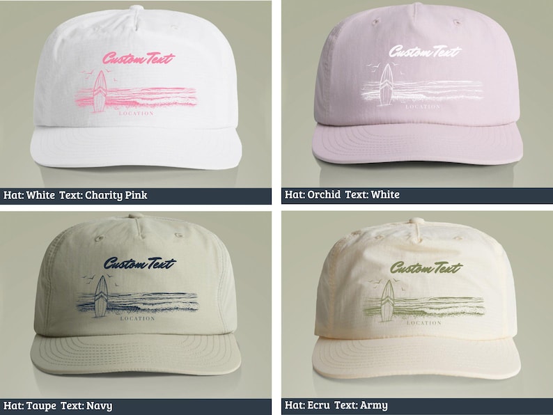 May include: Four different colored baseball caps with a surfboard graphic and the text "Custom Text" on the front. The hats are white, orchid, taupe, and ecru.