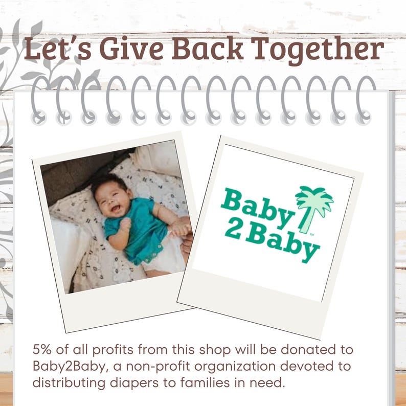 May include: A photo of a smiling baby lying on a white and gray patterned blanket. The image is part of a graphic promoting a donation to Baby2Baby, a non-profit organization that distributes diapers to families in need. The text "Let's Give Back Together" is at the top of the image. The text "Baby2Baby" is in green and white with a palm tree graphic.