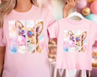 Funny Corgi Shirt, Matching Adult and Kids Size Corgi T-Shirt, Youth and Toddler Funny Welsh Corgi Blowing a Bubble Tee, Corgi Mom Crewneck