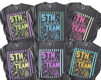 Fifth Grade Teacher Shirt, 5th Grade Team Comfort Colors TShirt, Cute Stripe Personalized Teacher's Name Long Sleeve Tee Back to School Gift