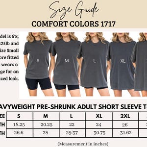 Comfort Colors 1717 t-shirt size guide showing width and length measurements.