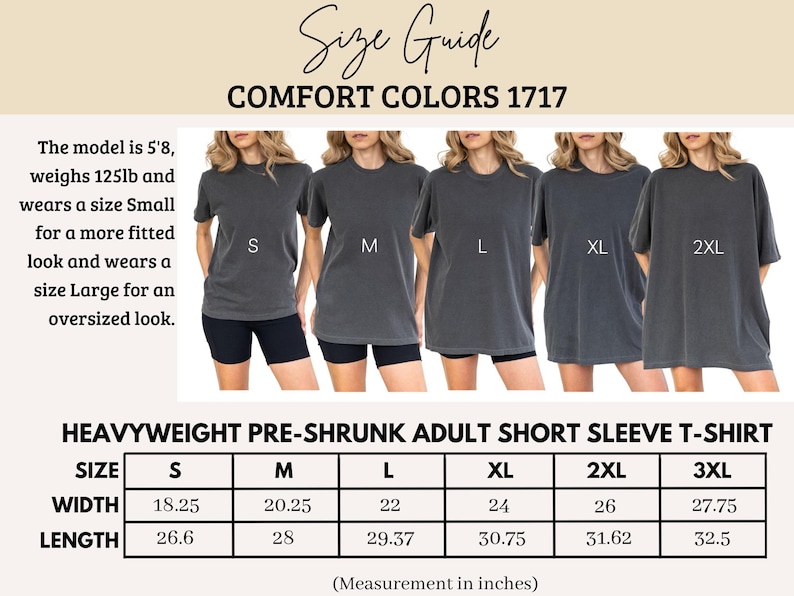 Comfort Colors 1717 t-shirt size guide showing width and length measurements.
